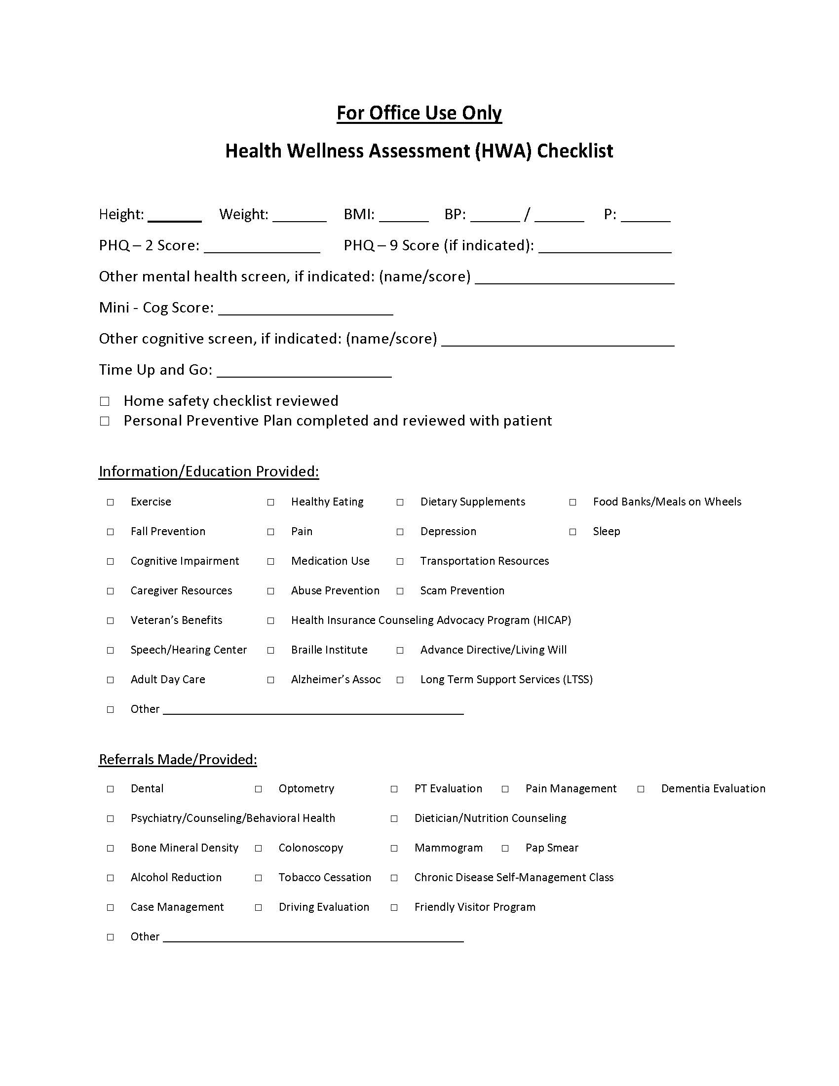 Annual Wellness Visit Form Printable
