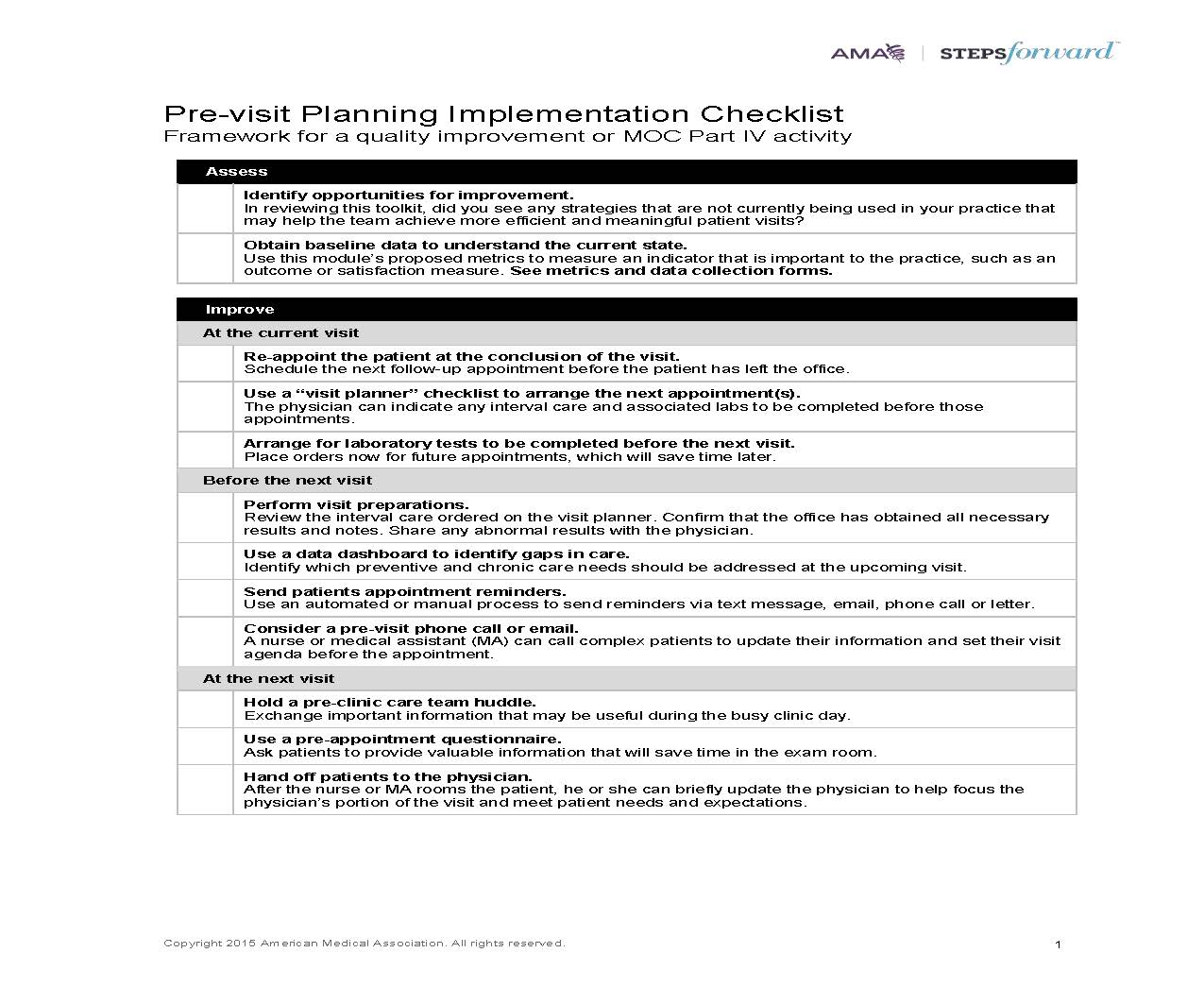 25. Pre Visit Planning Implementation Checklist Page 1